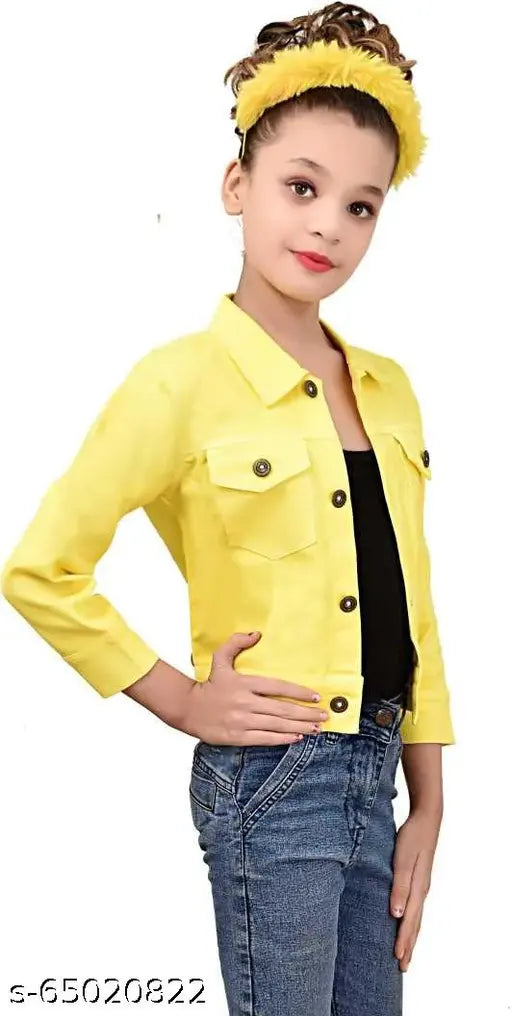 Yellow denim three-quarter sleeve girls jacket & coat by Kid Colour, solid design for 4-5, 7-8, or 8-9 years