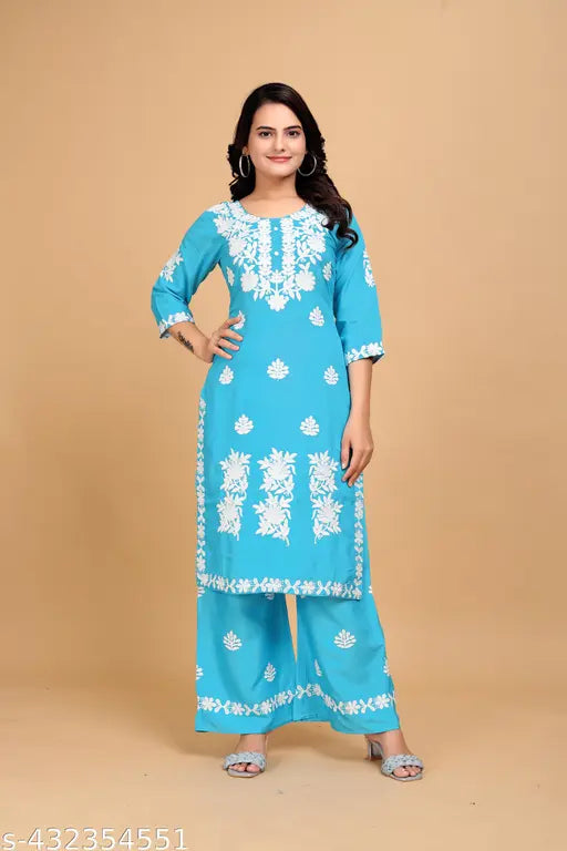 Embroidered net rayon kurta with palazzos and three-quarter sleeves, size M (Bust 36in, Kurta waist 34in, Bottom waist 30in). Indian ethnic wear for women