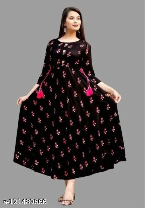 Rayon printed long anarkali kurta for women, self-designed Indian traditional outfit with three-quarter sleeves