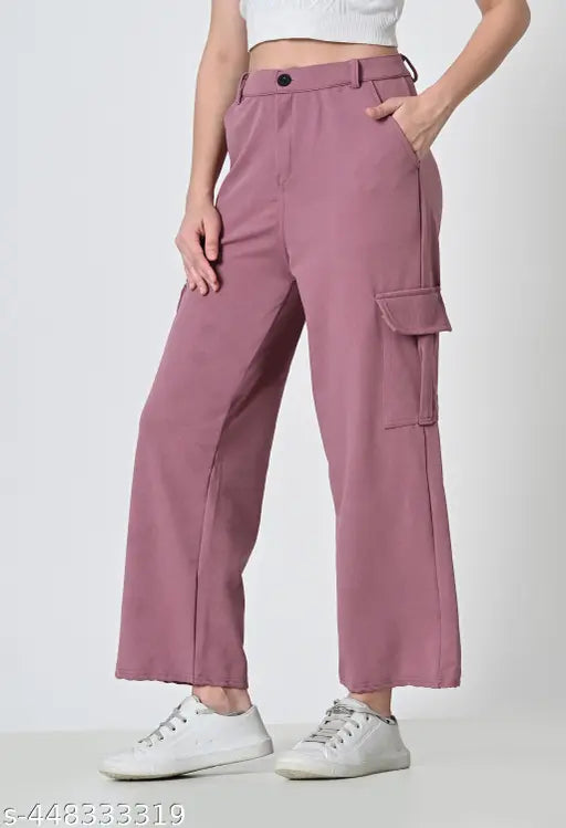 Purple cotton blend women's cargo pants with pockets, 4