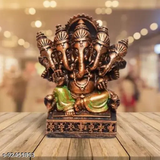 Marble dust panchmukhi Ganesha figurine, 10x13cm antique gold finish, Indian-crafted divine statue for home or office decor