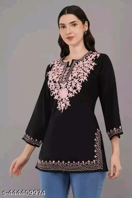 Hand-embroidered Rayon Casual Kurta Top, Trendy Chikankari Short Kurtis for Women, Three-Quarter Sleeves, India Origin