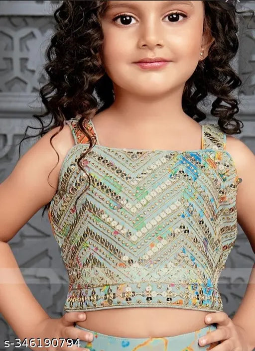 Silk Georgette ethnic lehenga set for girls aged 3-14 years, embellished with printed and embroidered patterns, perfect for traditional occasions