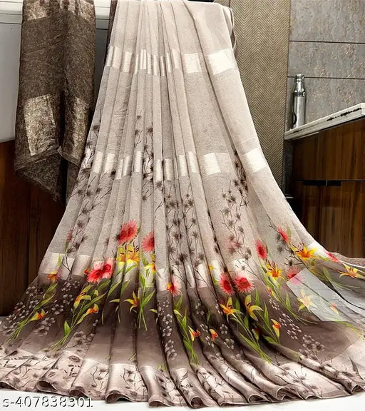 Georgette Satin Patta Saree with floral designs and red, yellow, and green flowers