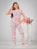 Pink printed cotton blend night suit set for women, featuring a t-shirt top and pyjama bottoms, short sleeves, and a sisterly love theme