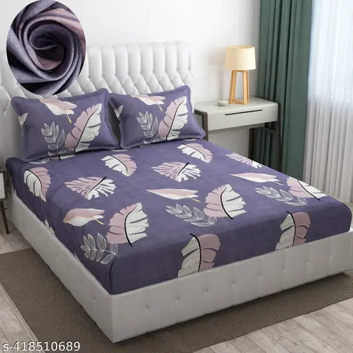 White Glace Cotton botanical-print, double size fitted bedsheet with two pillow covers - Real Dream