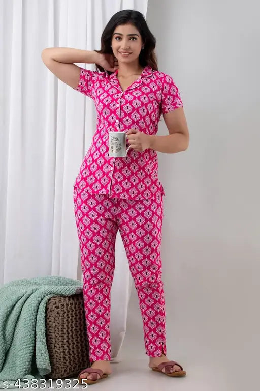 Pink rayon night suit for women, printed net design, short sleeves pyjama set (M: 38-32-36-40-38 or L: 40-32-38-42-38)
