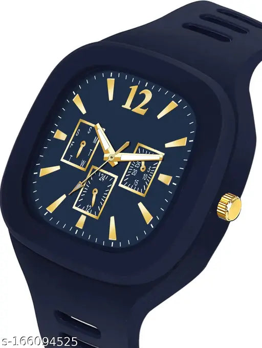 Blue analog watch with gold accents, silicone strap