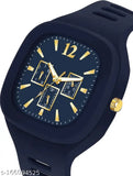 Blue analog watch with gold accents, silicone strap