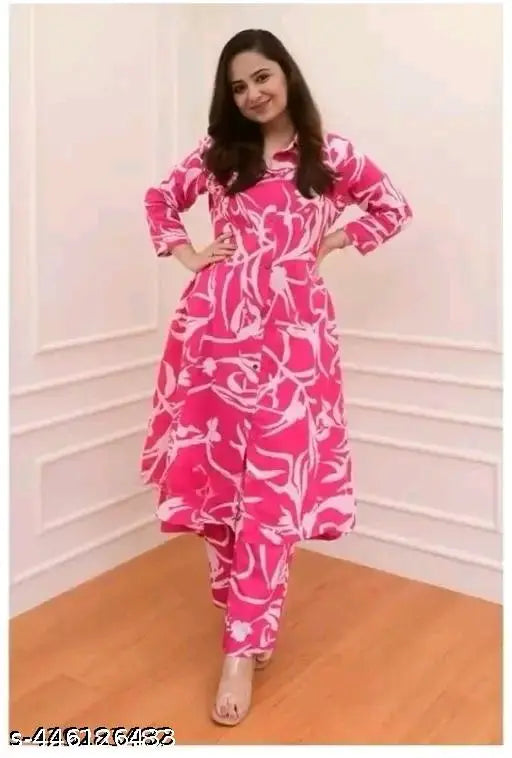 Pinkteetar women's printed A-line kurta pant set, rayon fabric, three-quarter sleeves, India-made