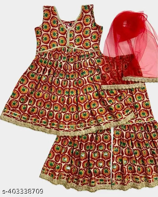 Red rayon Kurti Garara Dupatta Set for Girls, A-line with net dupatta and three-quarter sleeves, perfect for festive occasions like Diwali, Navratri, or Rakshabandhan