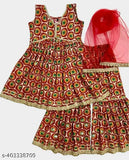 Red rayon Kurti Garara Dupatta Set for Girls, A-line with net dupatta and three-quarter sleeves, perfect for festive occasions like Diwali, Navratri, or Rakshabandhan