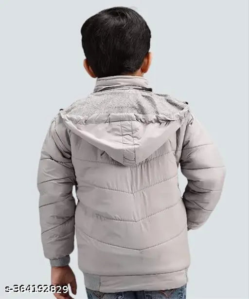 A long-sleeve winter jacket for kids with a cap and zip closure
