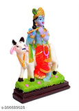 Multi-colored polyresin Hindu Krishna Idol with flute and cow Gaumata, 13cm high for home decor or gifting