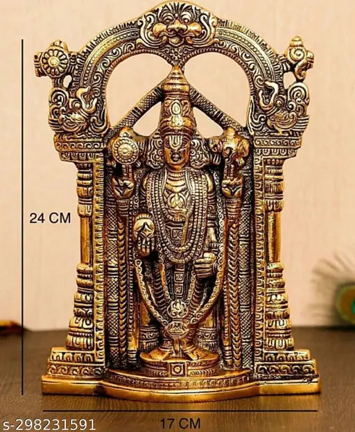 Golden metal Balaji idol, traditional home decor or car dashboard mandir. Handcrafted, Indian origin, 5cm x 17cm x 24cm