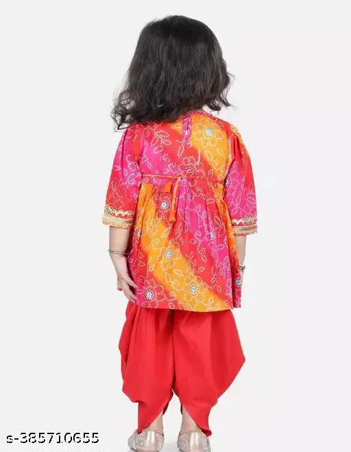 Red bandhej kurta & dhoti set for girls, rayon fabric, printed pattern, three-quarter sleeves, Indian origin
