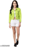Red and neon green solid denim women's jacket, full sleeves, chest pockets with buttoned flaps, ZOONI COLLECTION from India