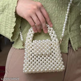 White plastic pearl decorative button clutches purse with crossbody strap
