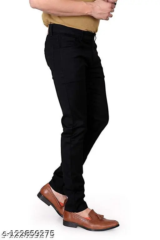 Black cotton lycra stretch jeans for men, slim fit with mid rise and tapered leg style by FLETE FASHION. Size 28, waist 28in, length 39in