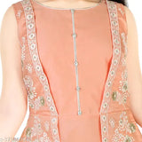 Peach chanderi embroidered flared gown, pant & dupatta. Vibrant, embellished net for kids aged 7-8 years, Indian traditional wear