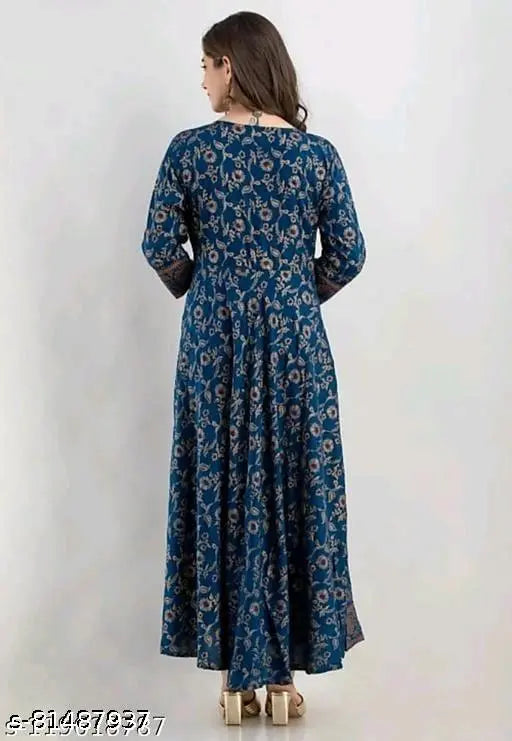 Blue floral print maxi gown, long sleeve, rayon, round neck, plus size.