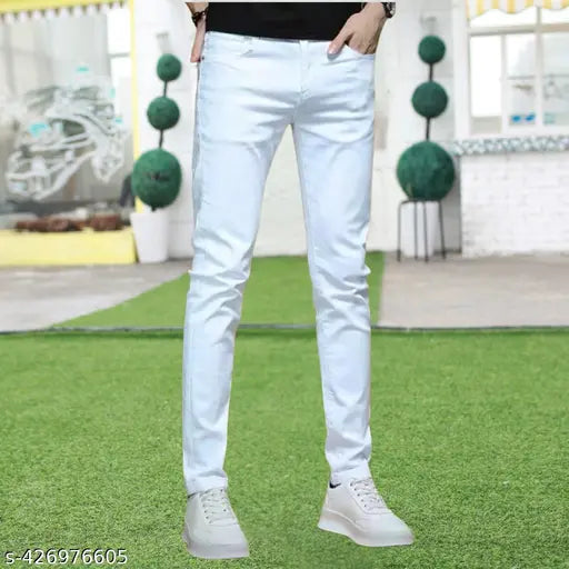 White denim men's slim fit jeans by RusticBlooms, offering comfort and style for various occasions. Available in sizes 26, 28, 30, 32 (waist 26/28/30/32, hip 28/30/32/34, length 39in). Origin: India