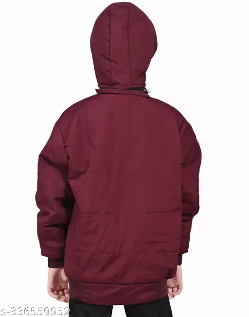 Maroon hooded jacket with drawstring hood, front pocket