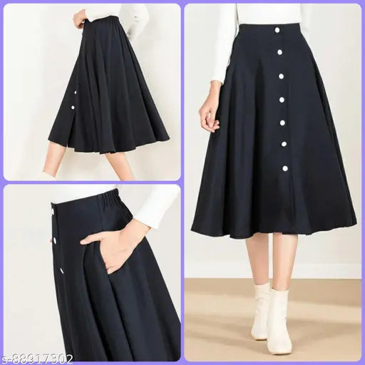 Navy blue flared skirt with buttons down front