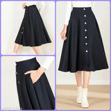 Navy blue flared skirt with buttons down front