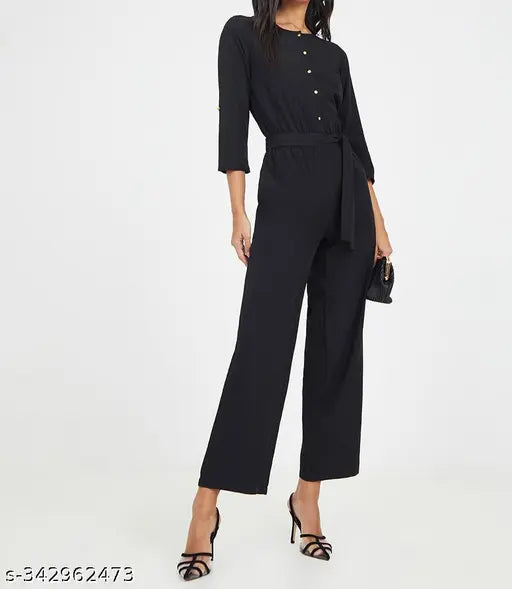 Black crepe jumpsuit with button detailing by Pearl N Vera's Comfort Style, three-quarter sleeves, solid design