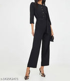 Black crepe jumpsuit with button detailing by Pearl N Vera's Comfort Style, three-quarter sleeves, solid design