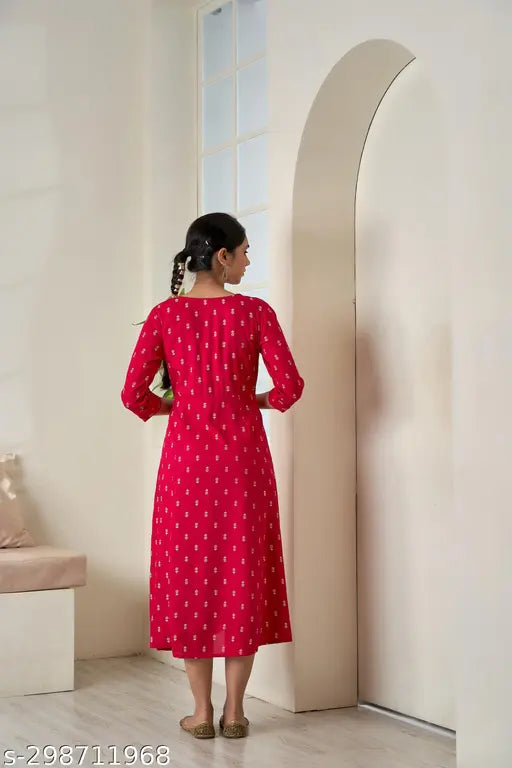 Red embroidered rayon anarkali kurta women's formal wear S36M38L40XL42XXL443XL464XL485XL50