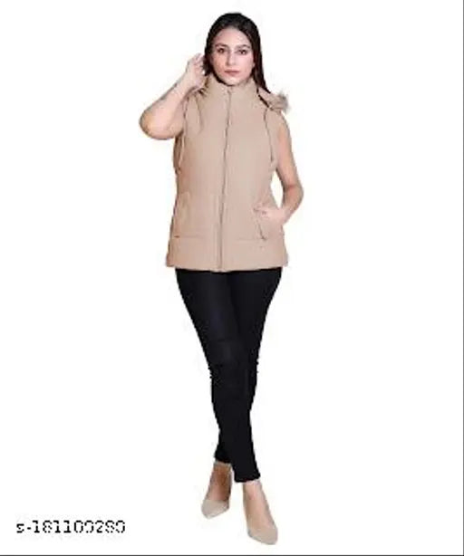Nylon sleeveless winter jacket for women, solid color and zip closure, L size (42in bust, 27in length)