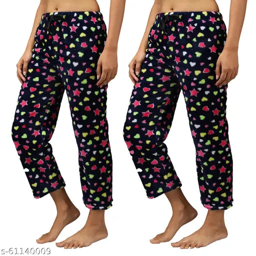 Women's regular comfort fit winter fleece wool blend night pyjamas, track pants with velvet print and fur core