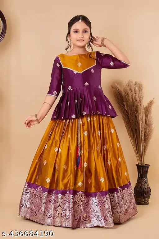 Soft cotton silk South Indian traditional pattu pavadai Lehenga choli for girls dress, zari woven ethnic motif with short sleeves
