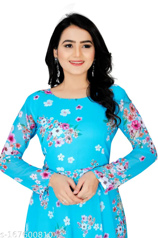 Georgette flower print long kurti-gown, digital printed with round neck and long sleeves. Slight color variations due to camera reflection. Indian origin." (120 characters)