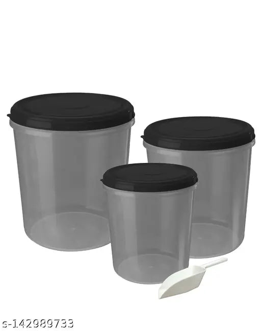 Kitchen storage container, BPA-free, black, stackable up to 5 containers, suitable for fridge use, 75kg capacity, with scoop for rice, dal, atta flour, cereals and snacks