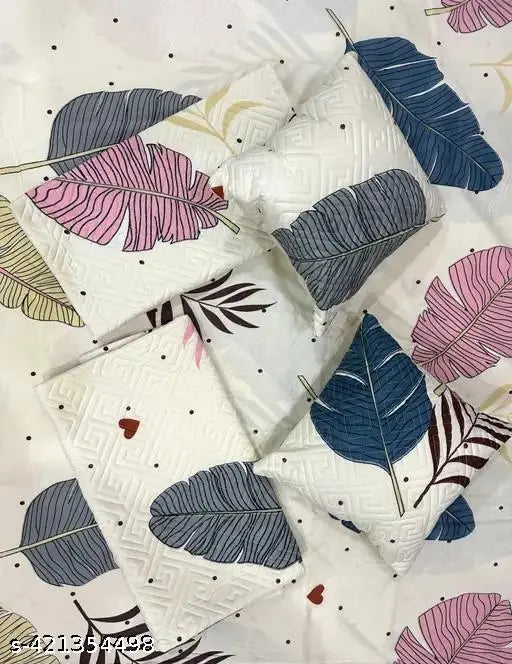 Multicolor cotton embroidered 5pc bedsheet set (1King size Bedsheet + 2 Pillow Covers + 2 Cushion Covers) - Ideal for summer, adult use