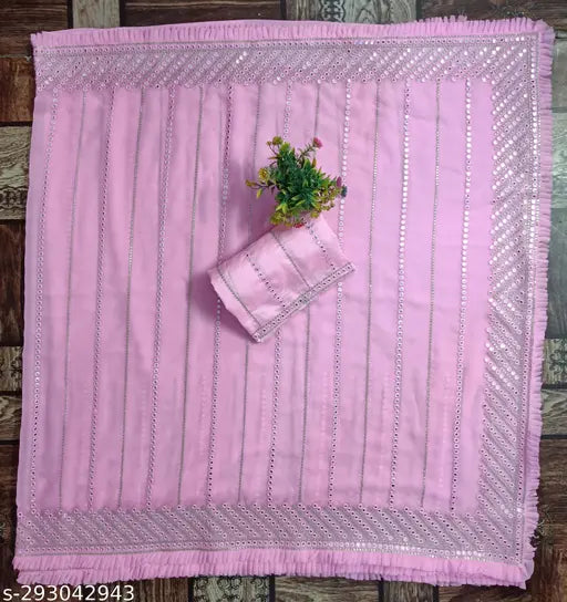Pink and white striped sari with a CPallu, Georgette sequence embroidery, party attire