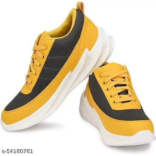 Yellow and black casual sports running sneakers with white laces