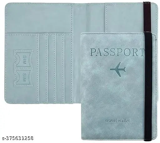 Blue PU Leather Travel Document Holder with RFID Blocking, wide interior design for passport and multiple slots for cards and boarding passes