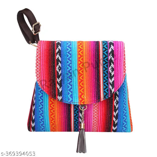 Jute colorblock sling bag for girls and women, sturdy grip, double main compartments, adjustable belt, perfect for daily use
