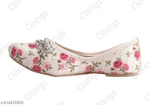 Handmade floral print kids' Jutti, textile sole & TPR, colorblocked design, slip-on style, comfortable Clorigs footwear for girls aged 2.5-5.5 years, made in India