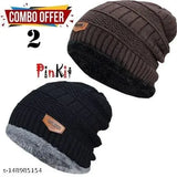 Brown knit beanie with pink text, 2 in pack