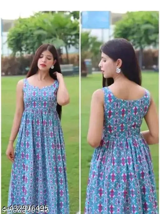 Blue printed flared sleeveless gown in rayon fabric, vibrant blue design for women's fashion event