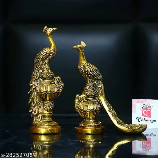 Gold medium peacock couple pair showpiece for home office decor, intricate metal bird & animal showpiece, set of 2 from India (5.5cm L x 17cm H x 5.5cm B)