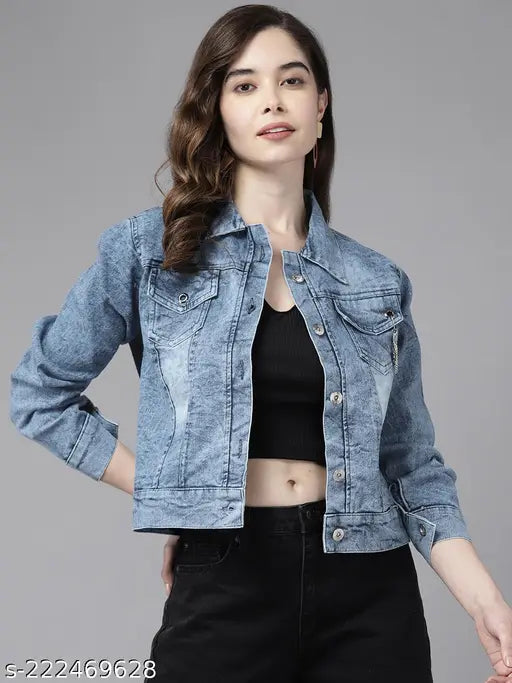 Blue denim solid jacket, women's long-sleeved denim by Aarika, India