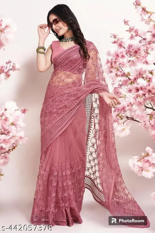 White embroidered Bollywood net saree with unstitched blouse in satin, traditional Indian wear