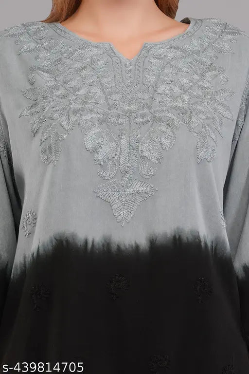 Hand-embroidered Lucknow Chikankari Rayon kurta, featuring Kashmiri embroidery and short design. Traditional artistry meets modern fashion in this versatile Indian attire