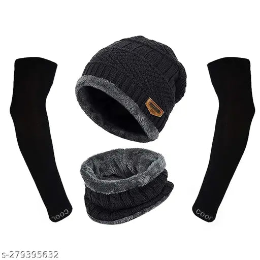 Red wool winter knit cap, beanie hat, scarf & gloves combo - multi-functional, outdoor-ready accessory set (India)